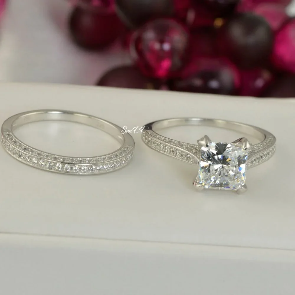 New His Hers Princess Cut Lab Diamond Wedding Engagement Ring Set